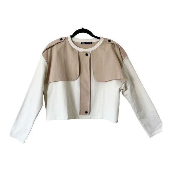 ZARA Women’s Cream Tan Pullover Cropped Trench Top Size Medium - Picture 2 of 7